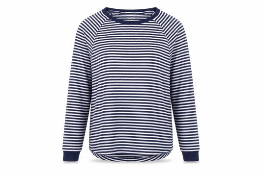 Front view of Primark women’s blue round neck striped polyester jumper, size UK 10, - 10/12