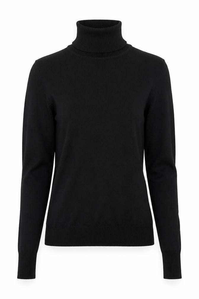 Front view of Matalan women’s black roll neck viscose jumper, size UK 8
