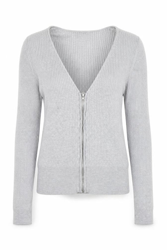 Front view of Divided women’s grey v-neck viscose full zip jumper, size S