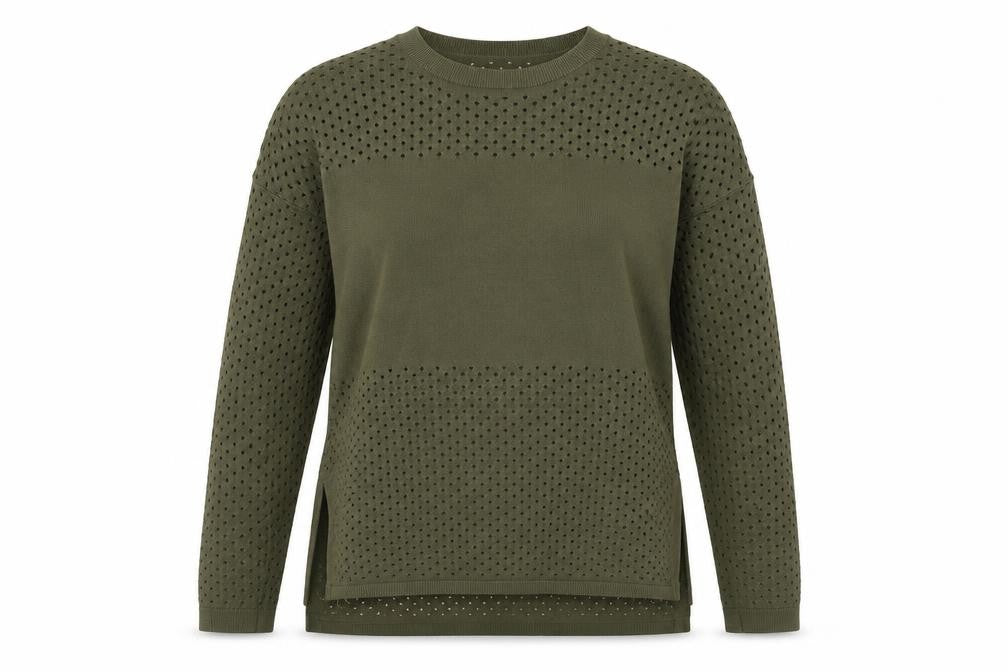 Front view of Topshop women’s green crew neck viscose jumper, size UK 8