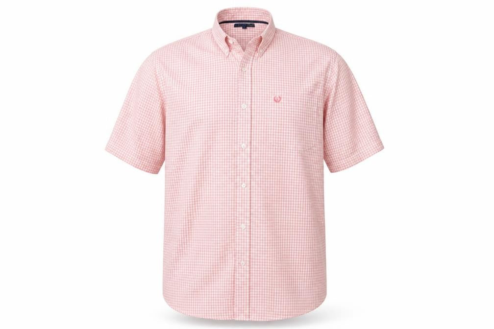Front view of Lincoln men’s red check polyester polo, size XL, collared