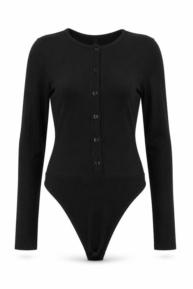 Front view of Miss Pap women’s black polyester bodysuit one-piece, size UK 6