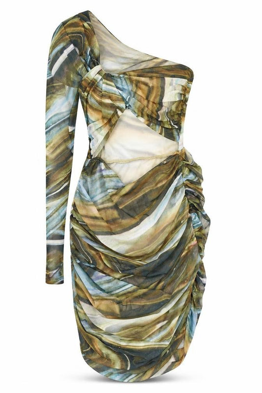 Front view of PRETTYLITTLETHING women’s multicoloured geometric polyester sheath, size UK 8, round neck