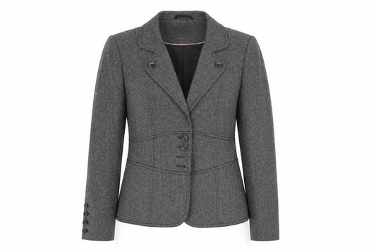 Front view of Next women’s grey polyester jacket suit, size UK 10