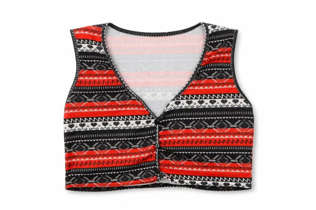 Front view of PRETTYLITTLETHING women’s multicoloured geometric polyester cropped t-shirt, size UK 14, v-neck