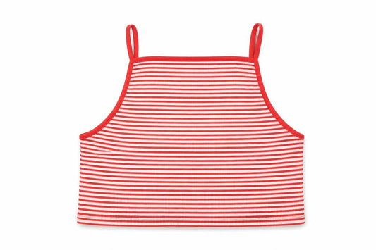 Front view of New Look women’s red striped polyester cropped t-shirt, size UK 16, square neck