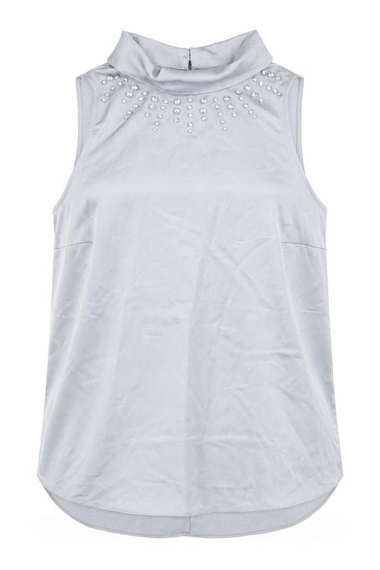 Front view of River Island women’s blue polyester basic blouse, size UK 14, collared