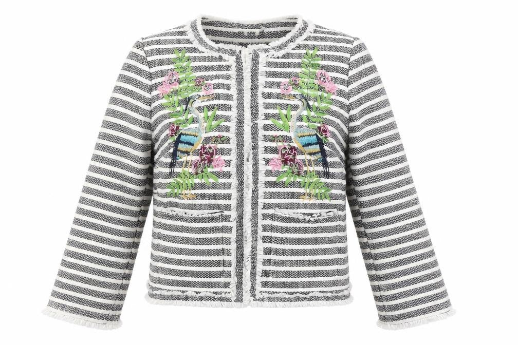 Front view of River Island women’s black striped jacket blazer, size UK 8, - animal design