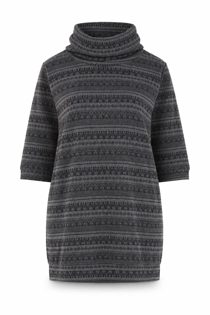 Front view of River Island women’s grey geometric polyester jumper dress, size UK 14, roll neck pullover