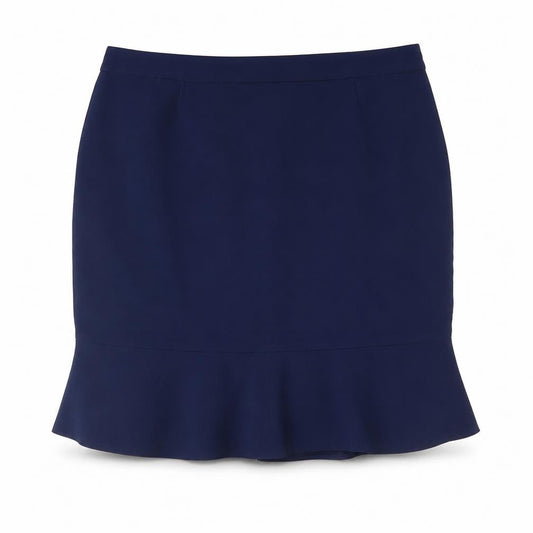 Front view of Crealine women’s blue polyester flare skirt, size UK 24, zip