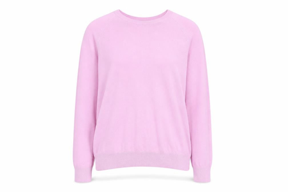 Front view of Dunnes women’s pink round neck viscose jumper, size M