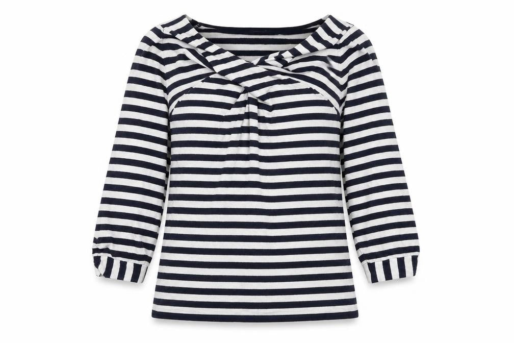 Front view of Principles women’s grey v-neck striped viscose jumper, size UK 12