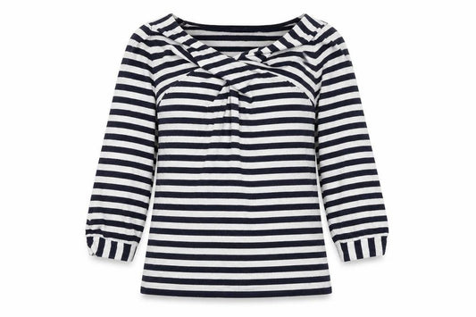Front view of Principles women’s grey v-neck striped viscose jumper, size UK 12