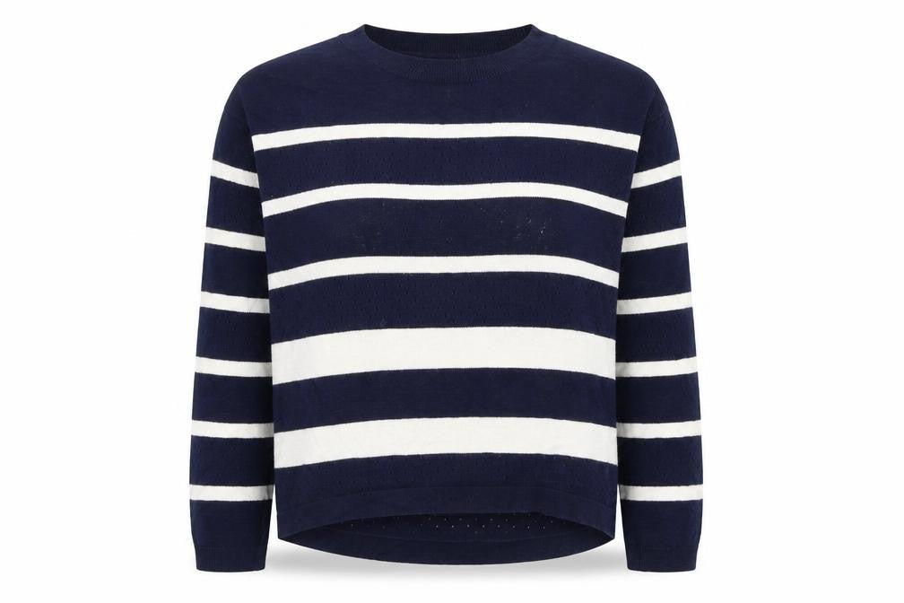 Front view of Gap women’s blue round neck striped camel jumper, size S