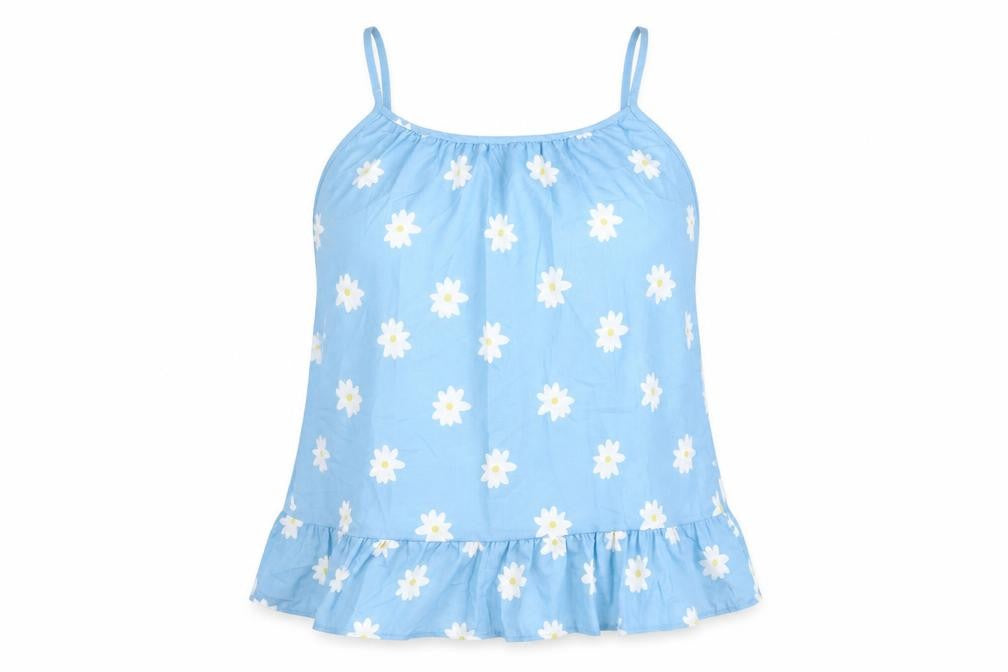 Front view of Preworn women’s blue floral polyester basic tank, size XL, square neck