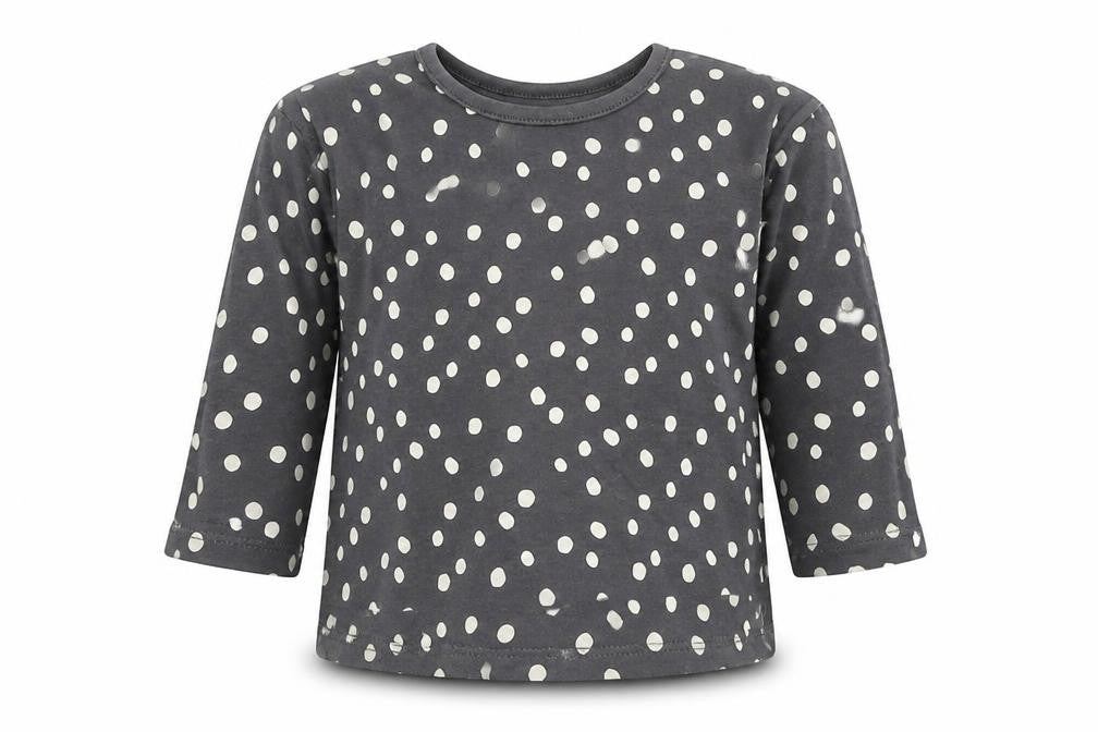 Front view of George girls’ grey polka dot cotton basic t-shirt, size 6-9, months round neck pullover