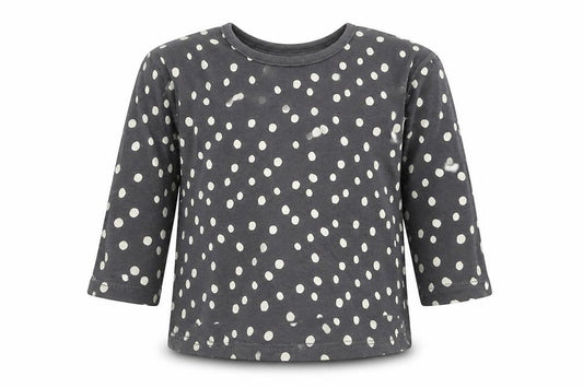 Front view of George girls’ grey polka dot cotton basic t-shirt, size 6-9, months round neck pullover