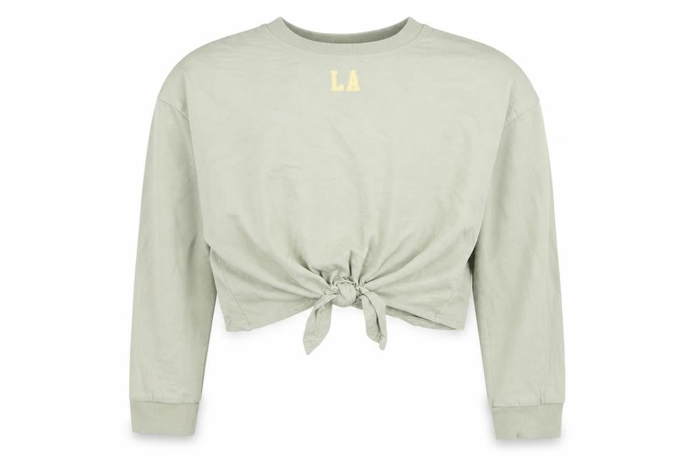 Front view of H&M girls’ green cotton pullover sweatshirt, size 8-9, years pullover - l.a