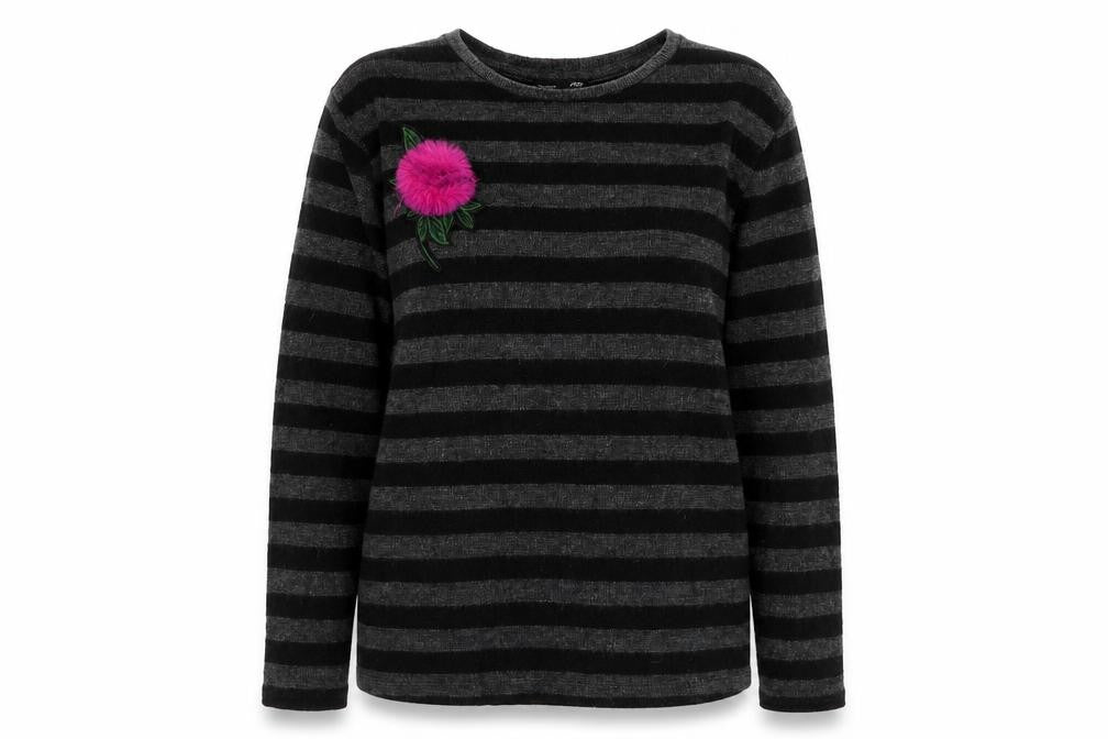 Front view of Zara women’s grey round neck striped polyester jumper, size M