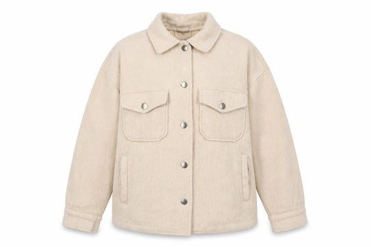 Front view of vivchi women’s beige jacket, size S, button