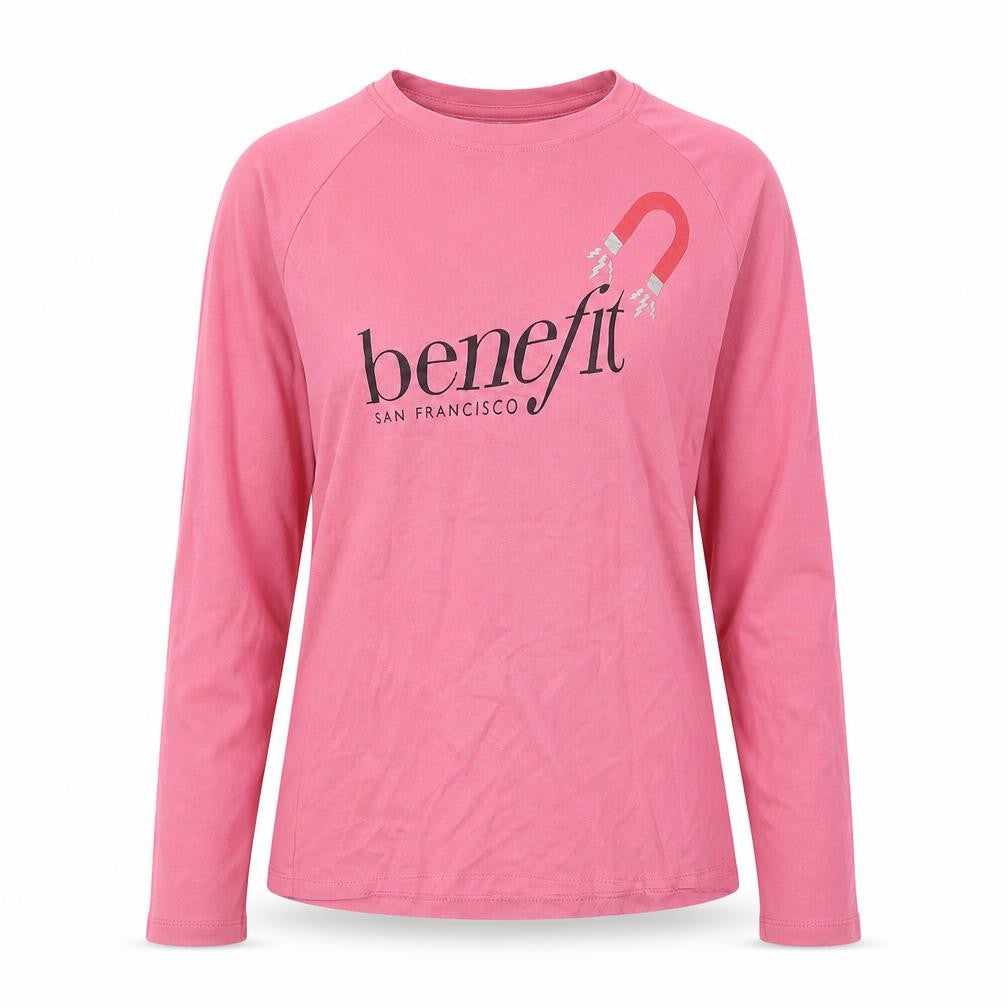 Front view of Benefit women’s pink cotton pullover sweatshirt, size UK 10, pullover