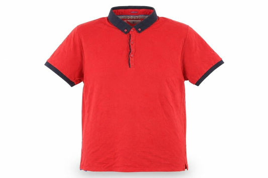 Front view of Centered men’s red cotton polo, size L, collared button