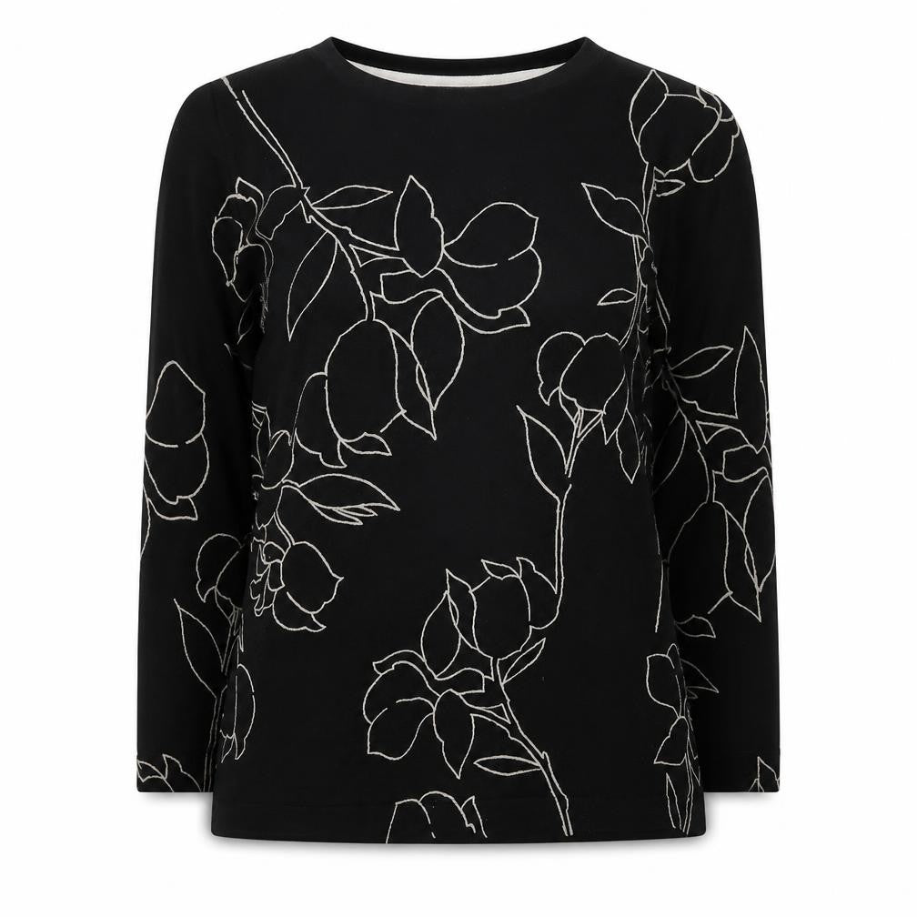 Front view of Next women’s black round neck geometric viscose jumper, size UK 10