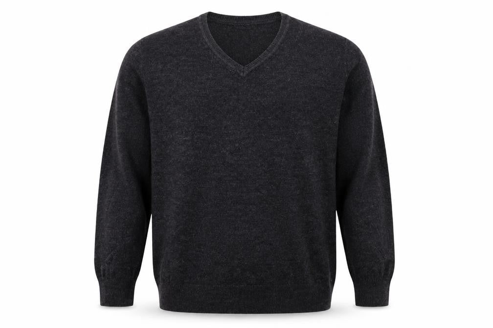 Front view of Easy men’s grey v-neck acrylic jumper, size XL