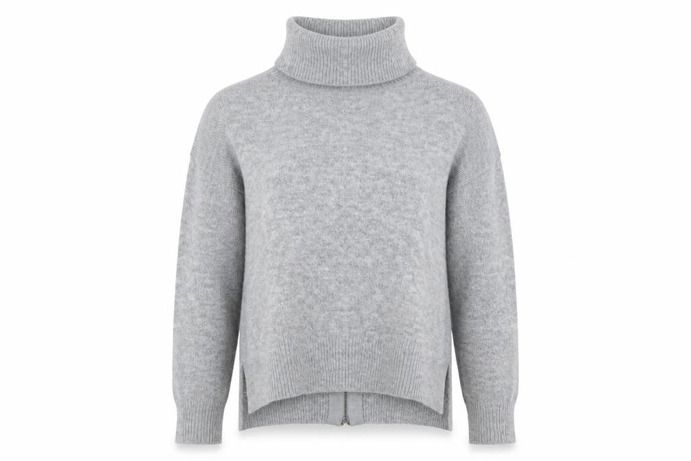 Front view of Topshop women’s grey roll neck acrylic jumper, size UK 6