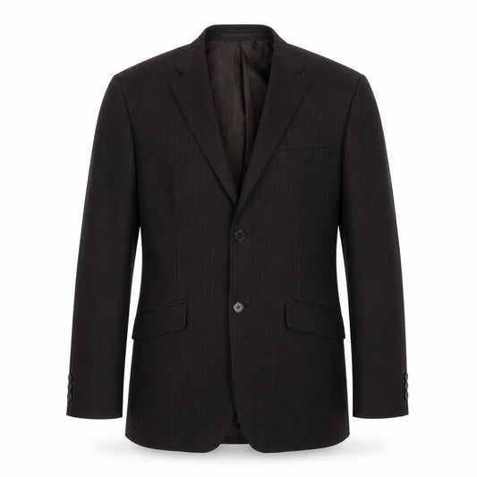 Front view of Burton men’s brown striped polyester jacket suit jacket, size 38