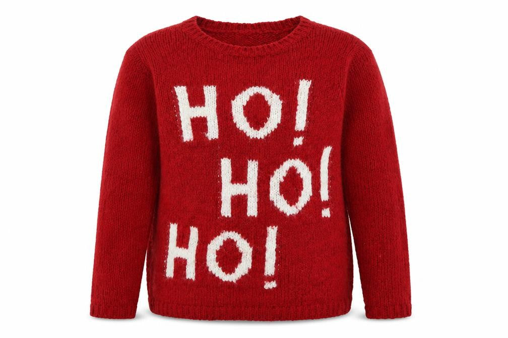 Front view of Next women’s red crew neck acrylic jumper, size UK 10, - ho ho ho