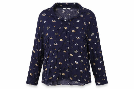 Front view of Tu women’s blue geometric viscose basic button-up, size UK 10, collared