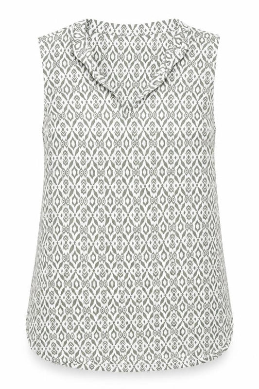 Front view of Dunnes women’s green geometric polyester basic tank, size UK 8, v-neck