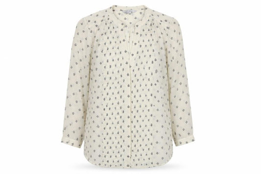 Front view of H&M women’s beige geometric polyester basic button-up, size UK 6, v-neck