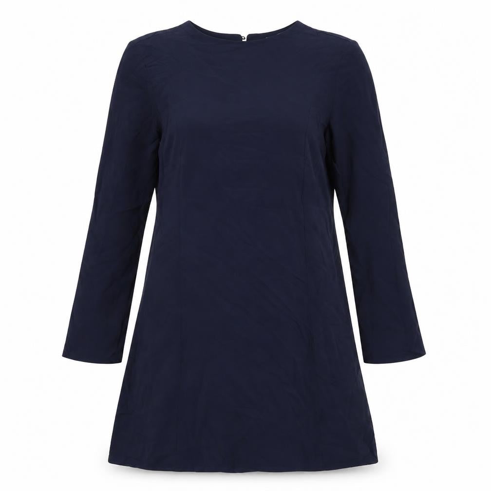 Front view of H&M women’s blue viscose a-line, size UK 6, round neck