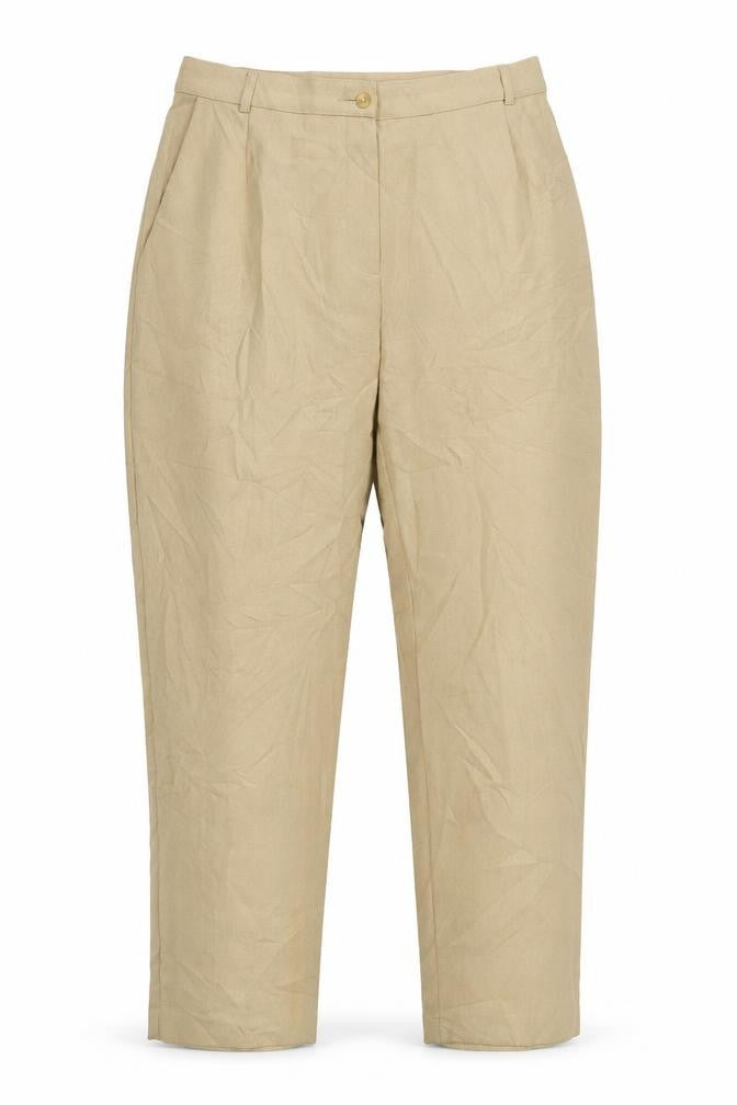 Front view of Marks & Spencer women’s beige polyester trousers, size UK 14, 27-inch leg regular