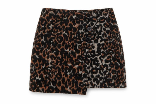 Front view of Next girls’ brown animal print polyester a-line skirt, size 11, years regular zip