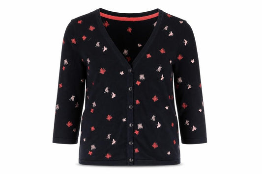Front view of Preworn women’s blue v-neck geometric polyester cardigan jumper, size S, - butterfly