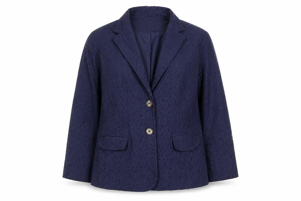 Front view of Cynthia Rowley women’s blue floral jacket blazer, size S, button