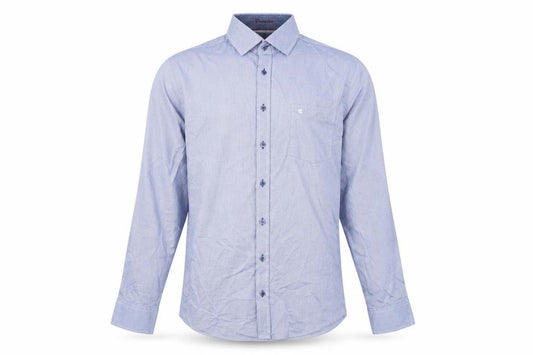 Front view of CASAMODA men’s blue cotton button-up, size L, collared