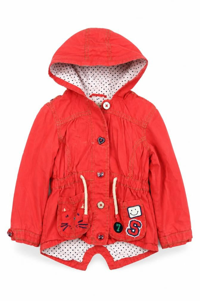 Front view of Next girls’ red polka dot parka coat, size 2-3, years button