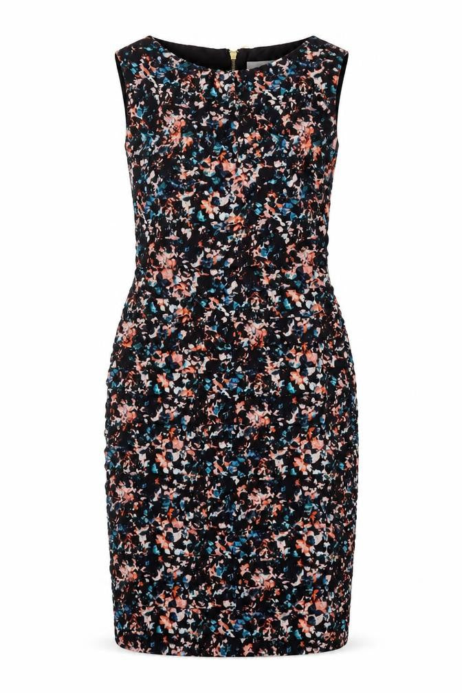 Front view of Coast women’s multicoloured floral polyester bodycon, size UK 12, round neck