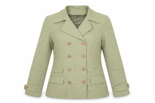 Front view of JV Collection women’s green jacket, size UK 12, button