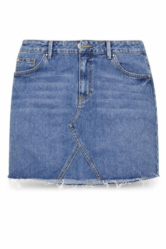 Front view of Very women’s blue cotton a-line skirt, size UK 12