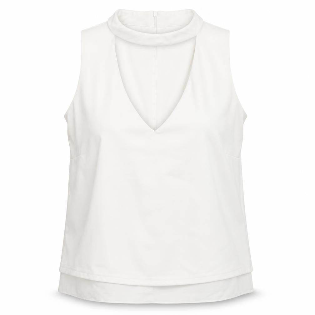 Front view of New Look women’s white round neck polyester vest jumper, size UK 12