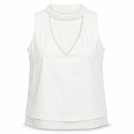 Front view of New Look women’s white round neck polyester vest jumper, size UK 12