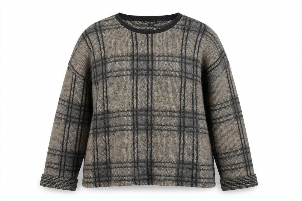 Front view of Topshop women’s beige round neck check acrylic jumper, size UK 14