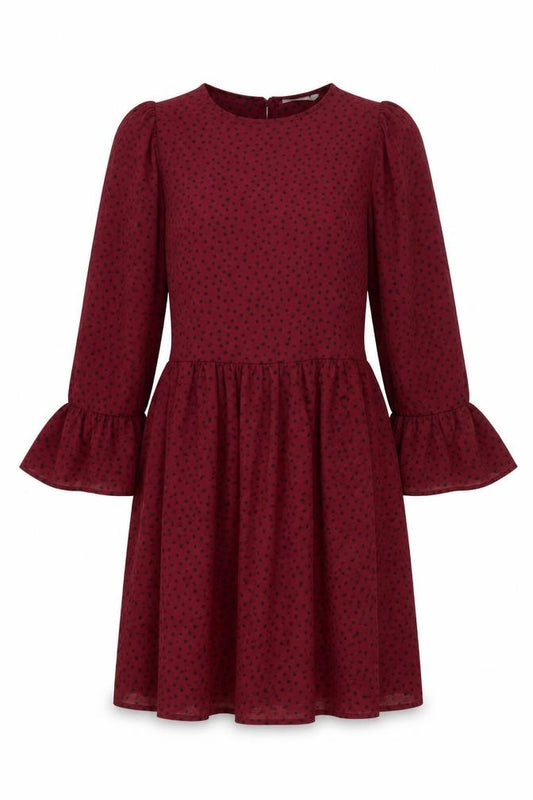 Front view of ASOS women’s red polka dot polyester a-line, size UK 12, round neck