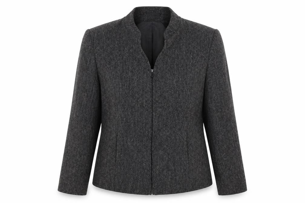 Front view of M&Co women’s black striped jacket blazer, size UK 16, zip