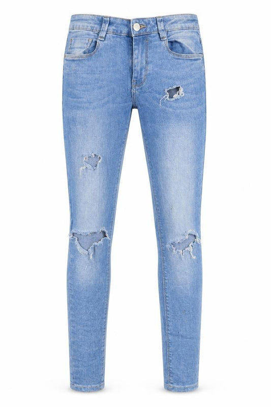 Front view of Zara men’s blue polyester skinny jeans, size 27, in, 30-inch leg slim zip